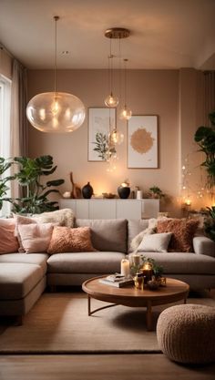 a living room filled with furniture and lots of lights hanging from the ceiling above it