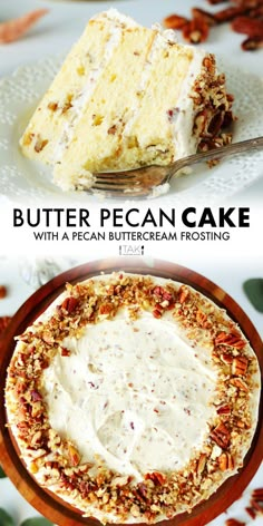 two different images of a cake with pecan cream frosting