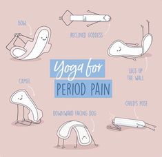 yoga poses for period pain and how to use them in the morning or night, illustrated on pink background