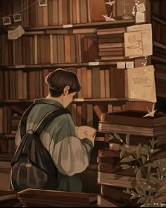 a woman sitting at a desk in front of a book shelf filled with lots of books