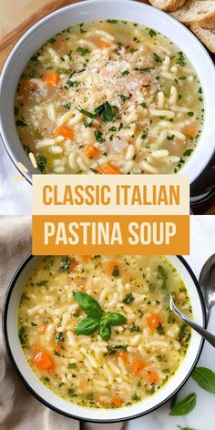 two bowls of italian pasta soup with bread on the side