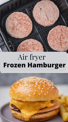 an air fryer with hamburgers and fries on it, in the foreground