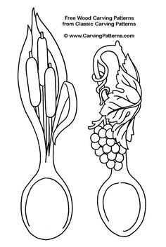 a drawing of two spoons with grapes and leaves on them, one is black and white