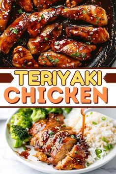 teriyaki chicken with rice and broccoli on the side is shown in this collage