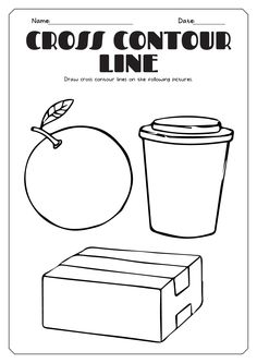 a coloring page with the words cross contour line next to an orange and a box