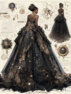 Gold And Black Dresses, Fantasy Ballgown, Mafia Dress, Ball Gowns Fantasy, Witch Dress, Gold And Black Dress, Dream Fantasy