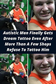 a man in an orange shirt is getting his tattoo done by another man with tattoos