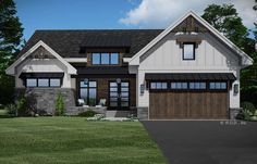 this is an artist's rendering of a house in the country style with two garages