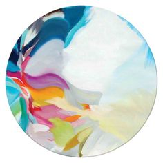 an abstract painting in white, blue, yellow and pink on a round plate with circular edges