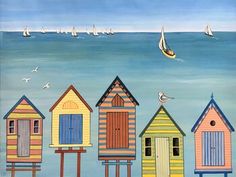 a painting of beach huts with sailboats in the water and seagulls flying over them