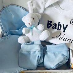 New Baby Boy Gift Set 👶🏼 The set includes a personalised vest, bib, hat, mitt, bootees Baby Boy Hamper, Baby Boy Gift Set, Personalized Baby Clothes, Girl Themes, New Baby Boys, Reveal Ideas, Gender Neutral Baby Shower, Personalized Baby Gifts, Boy Party