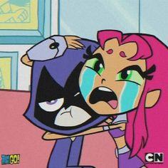 an animated character with pink hair and blue eyes holding onto another character's face