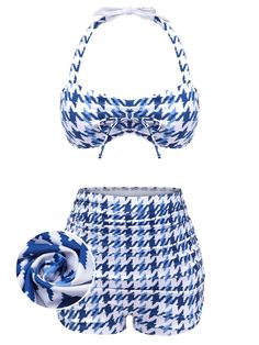 Blue 1940s Houndstooth Bow Halter Swimsuit – Retro Stage - Chic Vintage Dresses and Accessories Vintage Palm Springs, Retro Stage, Floral Pencil Dress, Retro Bathing Suits, Fringe Flapper Dress, Halter Swimsuit, Retro Swimsuit, Vintage Swimwear, Standard Dress