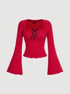 Ladies' Spring/Summer Bow Decorated Square Neck Flare Sleeve Casual T-Shirt Red Casual  Long Sleeve Knitted Fabric Plain  Medium Stretch  Women Clothing, size features are:Bust: ,Length: ,Sleeve Length: Red Knit V-neck Top, Red Summer Crew Neck Blouse, Summer Long Sleeve Ribbed Sweater, Red Crew Neck Blouse For Summer, Summer Ribbed Long Sleeve Sweater, Stretch Ribbed Red Top, Stretch Red Ribbed Top, Casual Red Ribbed Top, Red Ribbed Long Sleeve Tops