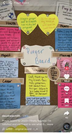 a bulletin board with several different types of notes on it and the words prayer board