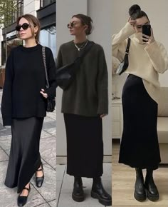 Layered Silk Dress Outfit, Skirt Fall 2023, Black Velvet Skirt Outfit Fall, Winter Bridal Luncheon Outfit, Fall Minimalist Outfit 2023, Sweaters Over Collared Shirts, Maxi Velvet Skirt Outfit, Plus Size Minimalist Outfits Winter, Long Black Skirt With Sweater