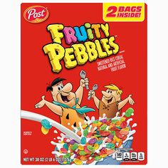 fruity pebbles cereal bag with two men in the front and one man holding a spoon