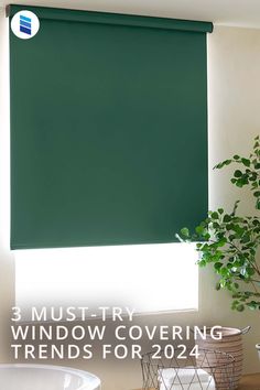 the window covering is green and has plants in pots next to it on top of a table