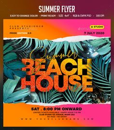 the beach house flyer is shown with tropical leaves on it and an orange pink background