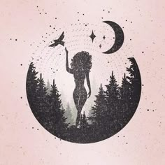 the silhouette of a woman holding a bird in her hand with trees and stars on it