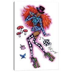 a drawing of a woman in tights and heels with red hair wearing a top hat