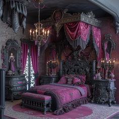 a fancy bedroom with pink and black decor