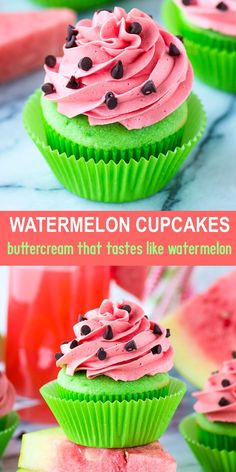 watermelon cupcakes with pink frosting and chocolate chips on top