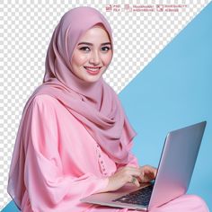 a woman in a hijab sitting on the ground using a laptop computer, hd png clipart