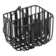 a black metal basket is shown with handles