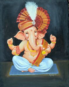 a painting of an elephant with a fan on it's head sitting in front of a black background