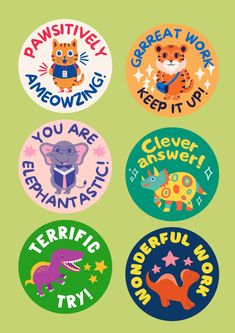 four stickers with different types of animals and words on them, all in various colors