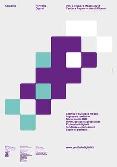 a poster with squares in purple and blue on the front, as well as an image of