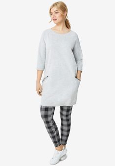 <div>A tunic with extras! Styled with a ribbed neckline, raglan 3/4 sleeves, and bottom hem. Slanted front-zip pockets. Cotton/polyester baby French terry</div> Lightweight Baby, Pocket Tunic, Thermal Sweater, Shrug Cardigan, Womens Scrubs, Tunic Tank Tops, Petite Jeans, Tunic Shirt, Tunic Length