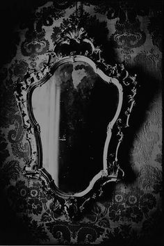 an ornate mirror on the wall in front of a black and white damask background