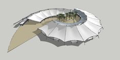 an architectural rendering of a circular structure with palm trees in the background