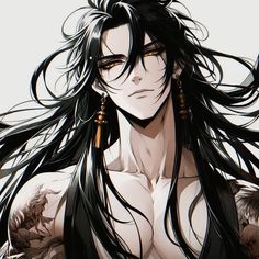 an anime character with long black hair and piercings