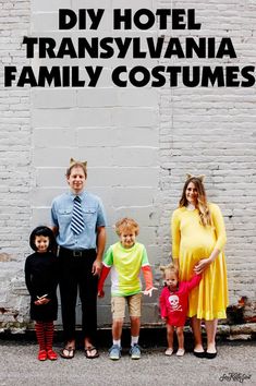 a family posing for a photo in front of a brick wall with the words diy hotel transsylania family costumes