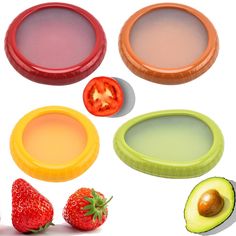 an avocado, strawberries, and other foods are arranged in the shape of circles