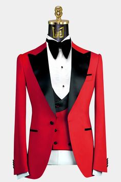 Red Peak Lapel Tuxedo - 3 Piece | Gentleman's Guru Red Notch Lapel Tuxedo For Wedding, Red Tailored Tuxedo With Notch Lapel, Red Tuxedo Blazer With Suit Collar, Tailored Red Tuxedo For Semi-formal Events, Tailored Red Tuxedo For Semi-formal Occasions, Red Fitted Tuxedo With Suit Collar, Red Tailored Tuxedo For Semi-formal Occasions, Elegant Red Fitted Tuxedo, Red Tuxedo With Notch Lapel For Formal Occasions