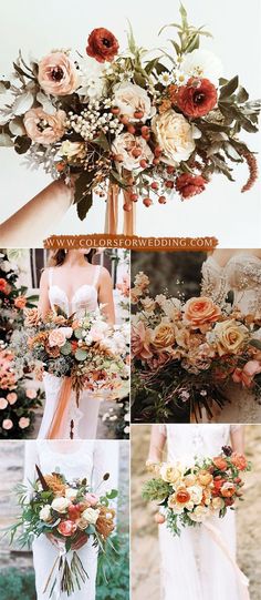 wedding bouquets with flowers and greenery are arranged in four different pictures, including the bride's bouquet