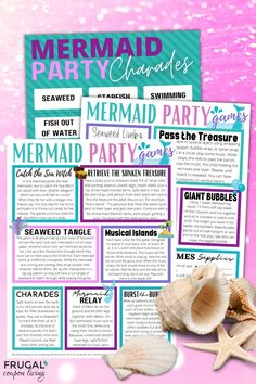 the mermaid party game is set up on a pink background with shells and starfish