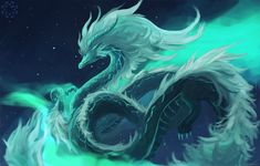 a green and white dragon sitting on top of a cloud filled sky next to stars