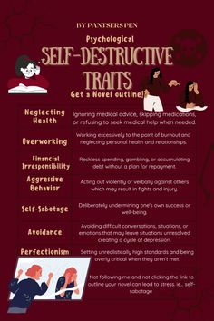 Ideas for Self-Destructive Traits in Your Characters for you novel! "Explore the common self-destructive traits that can shape your characters and add depth to your storytelling. Learn how to recognize these behaviors and use them to create compelling narratives. #CharacterDevelopment #SelfDestructiveBehavior #WritingTips #Storytelling #CharacterTraits #WritersLife #CreativeWriting #AmWriting #WritingCommunity #FictionWriting #WritingAdvice" Library Notion, Journal Library, Entitled People, Plane Seats, Project Template