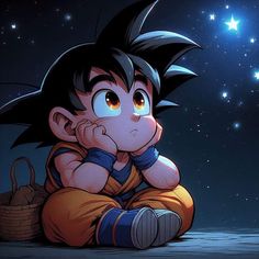 a cartoon character sitting on the ground with his hand under his chin and looking at the stars