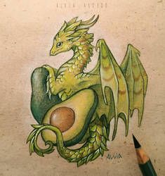 a drawing of a dragon with an avocado on it's back and wings