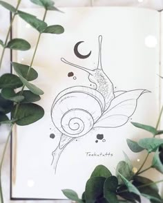 a drawing of a snail on a sheet of paper next to some green plants and leaves