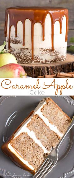 caramel apple cake with white frosting and chocolate drizzled on top