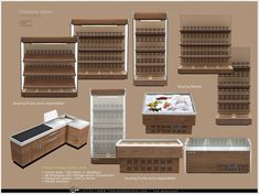 an assortment of kitchen furniture including refrigerators, cabinets and drawers with different types of shelves