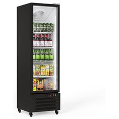 an open refrigerator with drinks in it on wheels is shown against a white background,