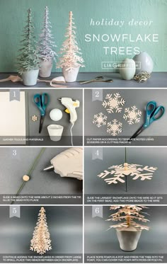 the instructions for making snowflake trees are shown in several different positions and sizes